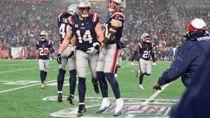 Los jugadores de los New England Patriots celebran una jugada en su victoria ante los Houston Texans en la Ronda Divisional de la Conferencia Americana de la NFL 25-26