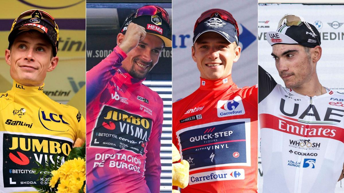Vingegaaard, ganador de los últimos Tour de Francia; Roglic, vencedor este año del Giro de Italia; Evenepoel, ganador de La Vuelta del año pasado; y el alicantino Juan Ayuso.