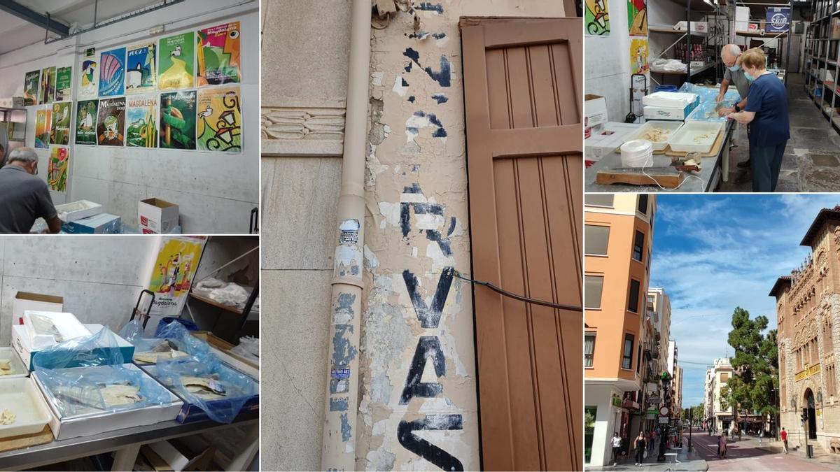 Los clientes de Giner y Verchili se topaban con el mural de carteles de La Magdalena frente al mostrador donde lucen los mejores filetes de bacalao, listos para su consumo. La vieja fachada deja constancia todavía de decoraciones anteriores (centro). A la izquierda (arriba), Guillermo Verchili atendiendo a una clienta en la tienda que dejará un hueco nostálgico en el entorno de la plaza Tetuán (abajo)