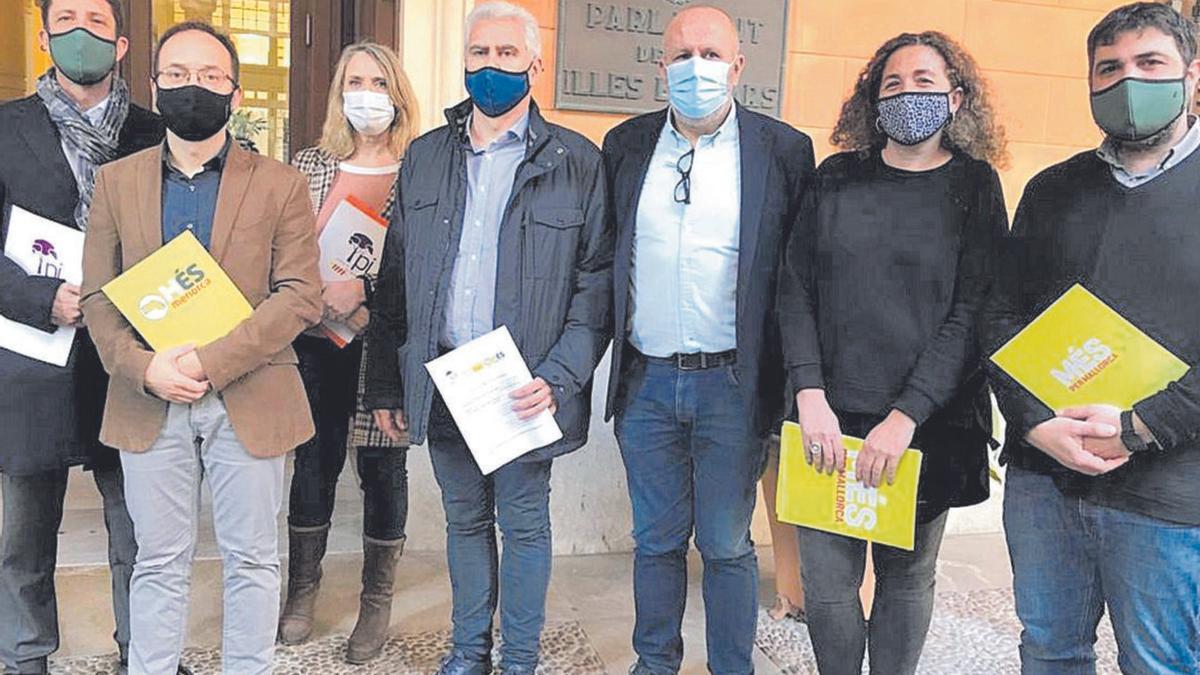 Los integrantes de Més per Mallorca, Més per Menorca y El Pi, el día que registraron la petición de recurrir contra el Estado el pasado enero.