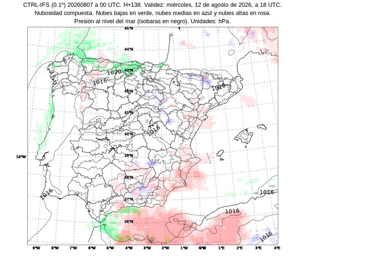 Mapa previsión de nubes para el eclipse del 12 de agosto.