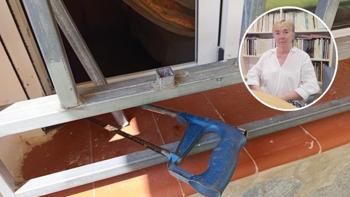 Barrote de una ventana arrancada con un serrucho en la casa familiar. En el círculo, Chelo Alberola.