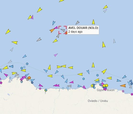 Última posición registrada del velero &quot;Avel Douar&quot; frente a las costas gallega y asturiana.