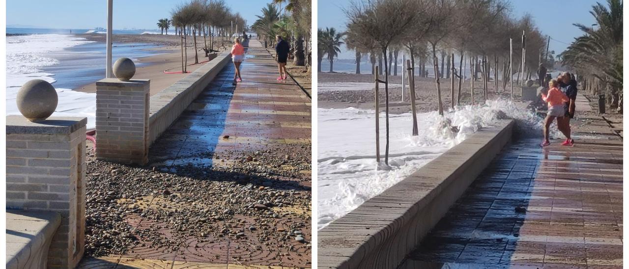 El mar volvió a arrastrar piedras y agua en Moncofa y pilló desprevenido a más de un viandante que caminaba por el paseo marítimo.