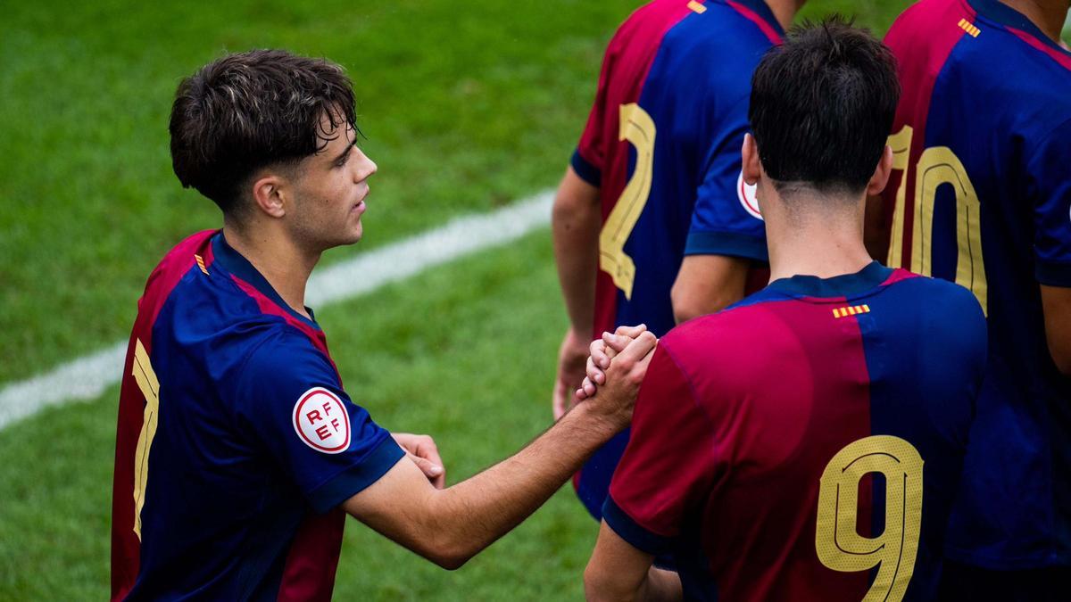 Pradas y Gistau celebran un gol del Juvenil A del Barça