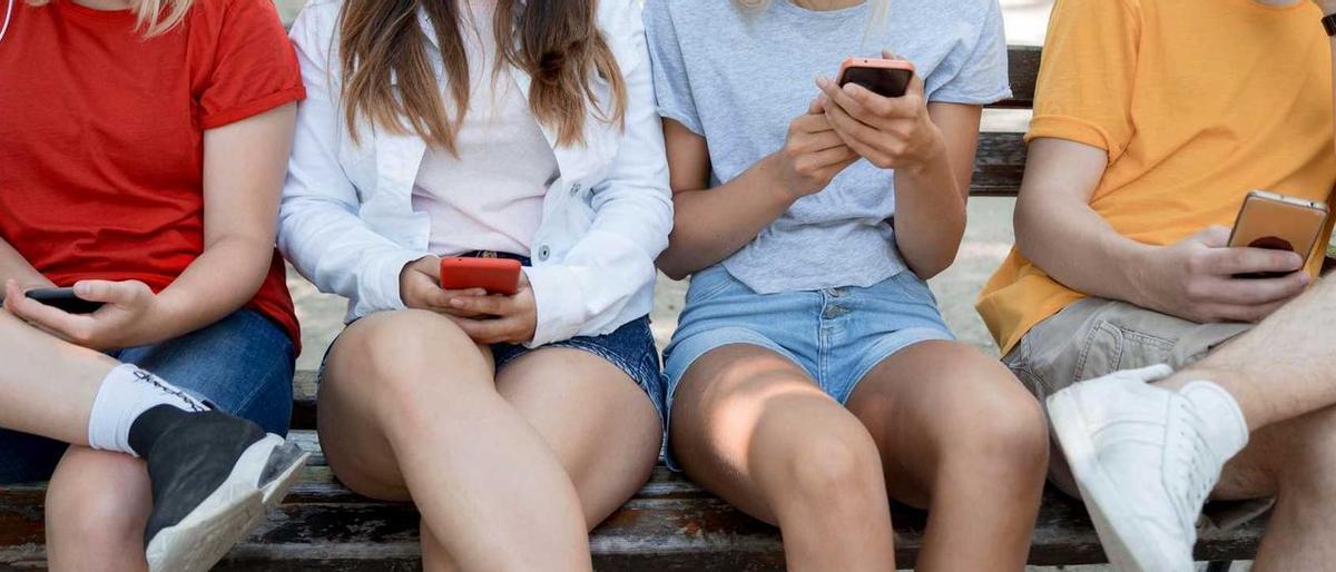 Un grup d'adolescents es distreu amb els telèfons mòbils.