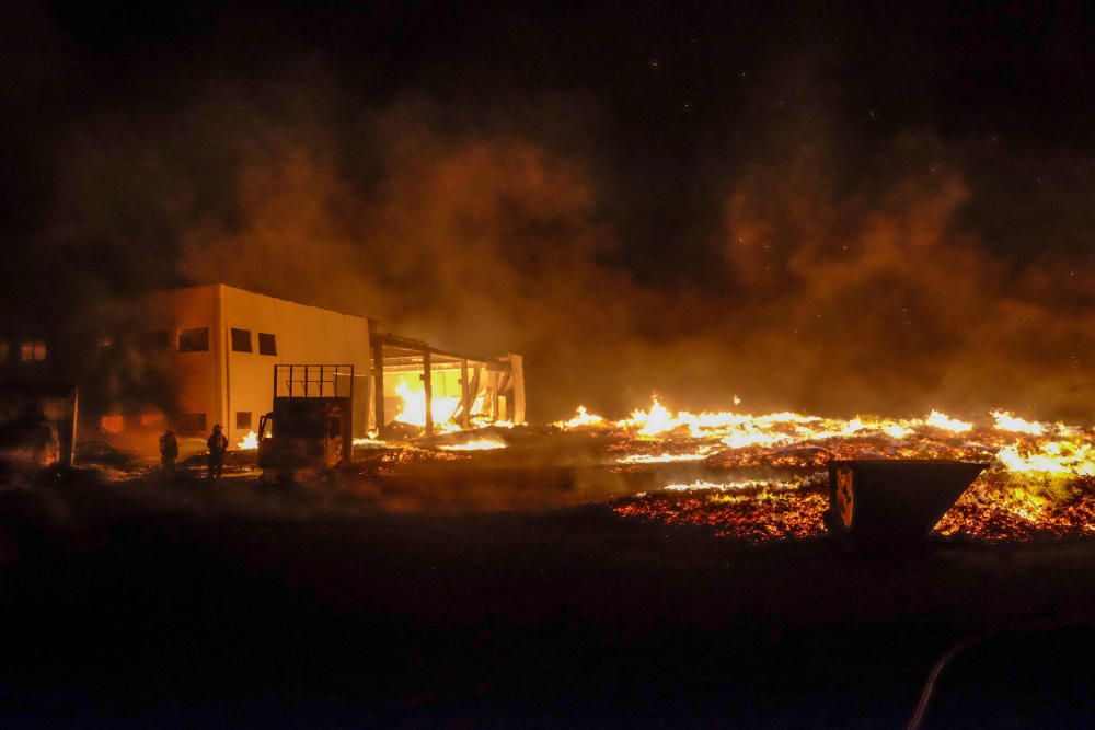 Un espectacular incendio calcina una fábrica de palets en La Marina.