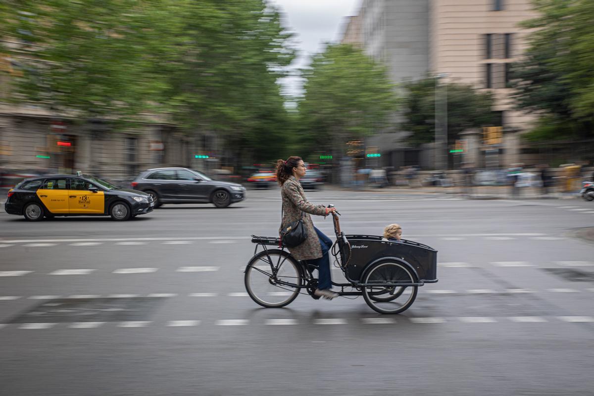 Un madre lleva su hijo en una 'cargo bike' por la Gran Via, este miércole