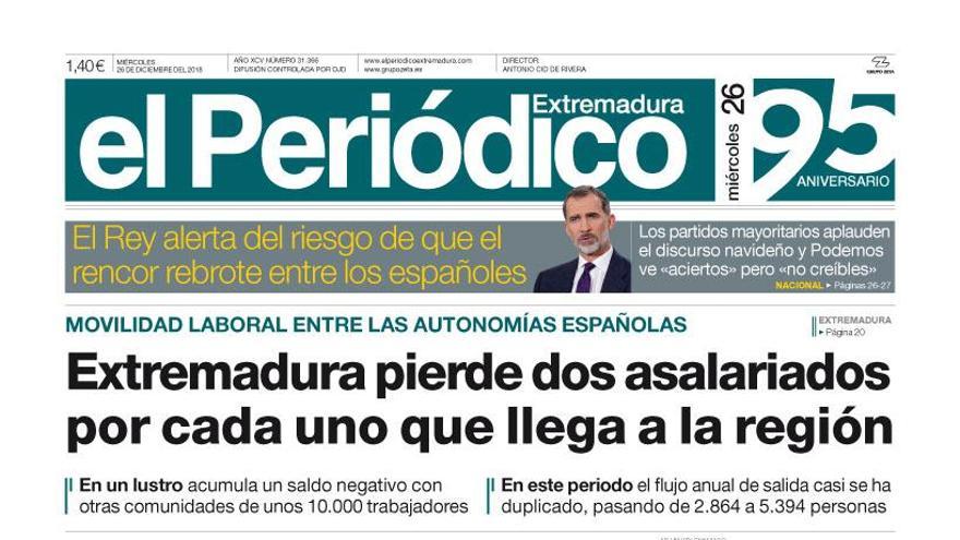 Esta es la portada de EL PERIÓDICO EXTREMADURA correspondiente al día 26 de diciembre del 2018