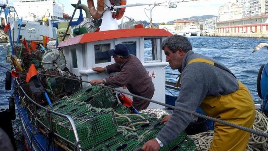 Trabajo a bordo de un buque pesquero en la dársena de Vigo.  // P. Martínez