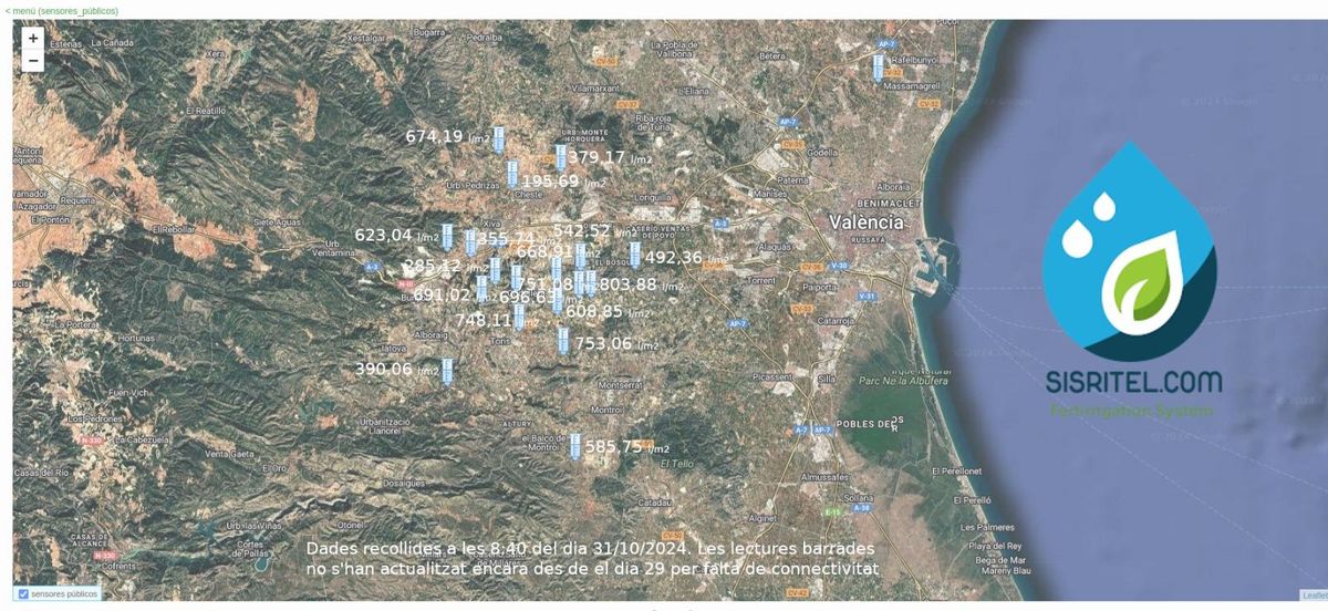 Mapa en tiempo real de los pluviómetros instalados por la firma valenciana.