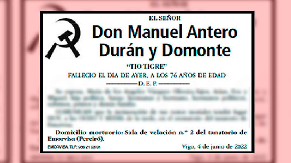 Esquela de Don Manuel Antero Durán y Domonte publicada en FARO.