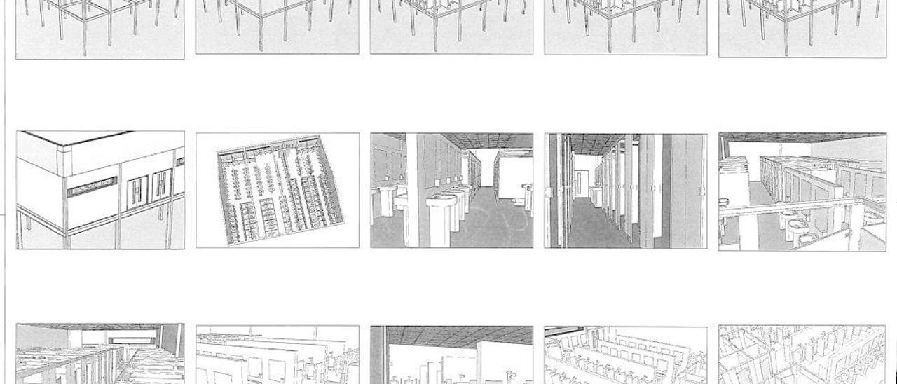 Bocetos, diseños y planos del proyecto de construcción para un nuevo edificio de aseos en el Hipòdrom Son Pardo.