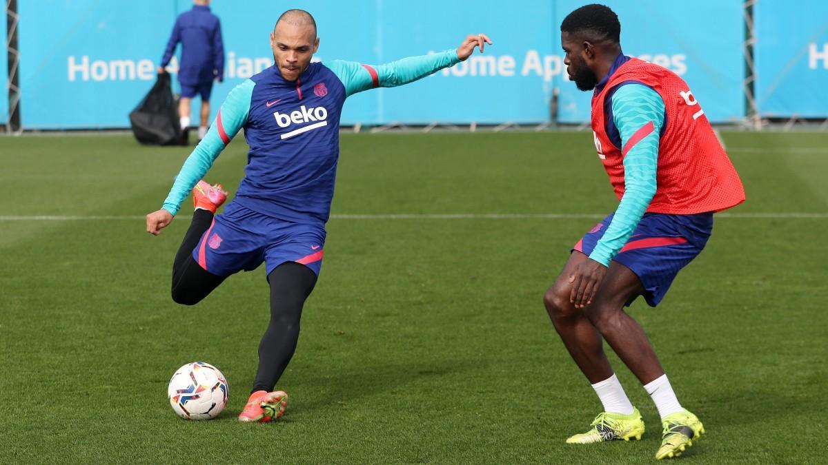 Martin Braithwaite y Samuel Umtiti en un entrenamiento