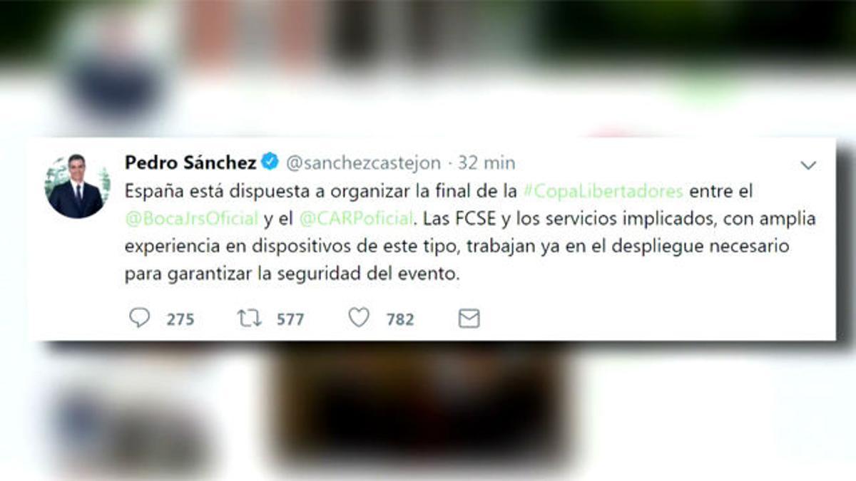 Sánchez da el visto bueno a que Madrid acoja la final de la Copa Libertadores