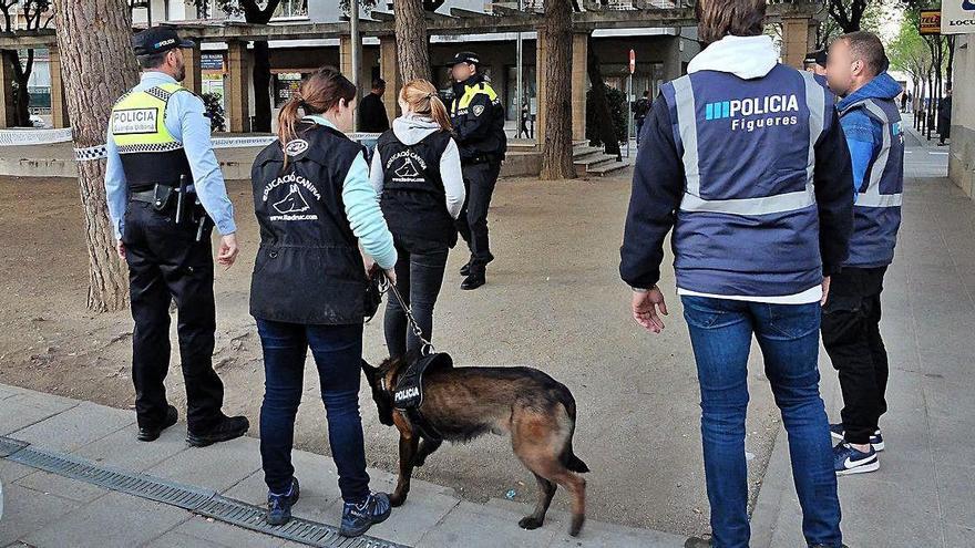 La Guàrdia Urbana de Figueres amb un gos de la unitat canina durant un operatiu