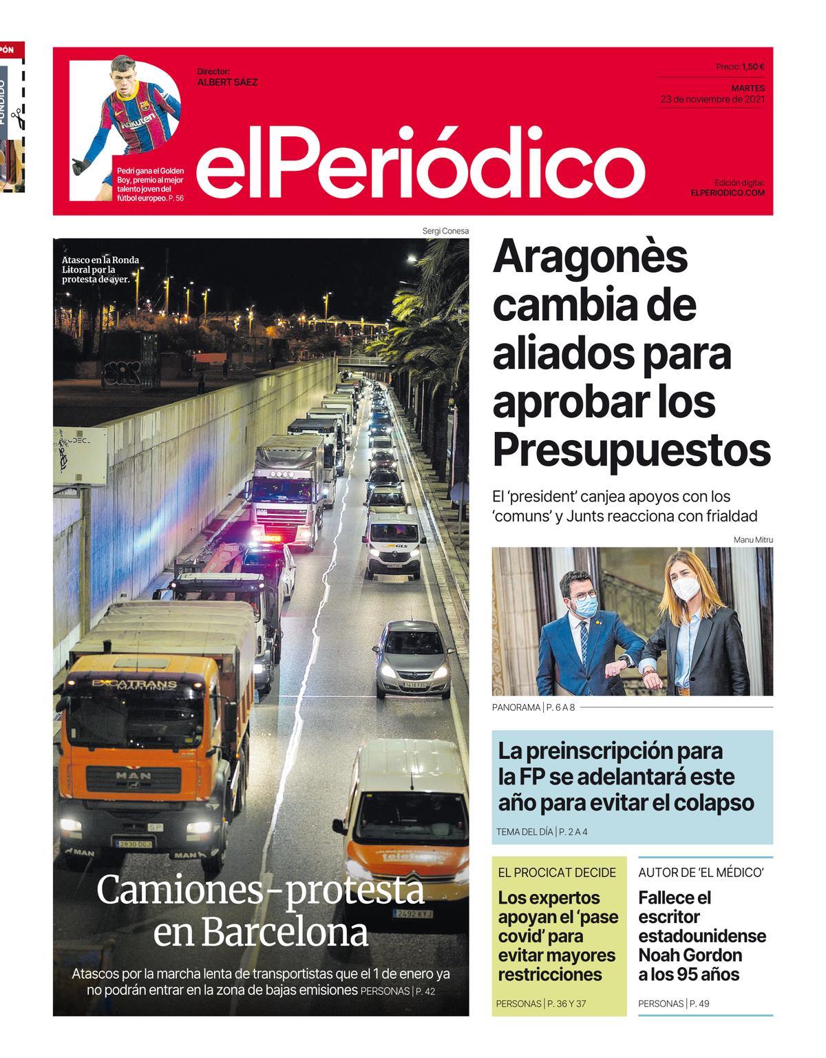 La portada d’EL PERIÓDICO del 23 de novembre del 2021