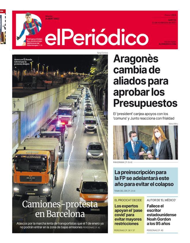 La portada d’EL PERIÓDICO del 23 de novembre del 2021