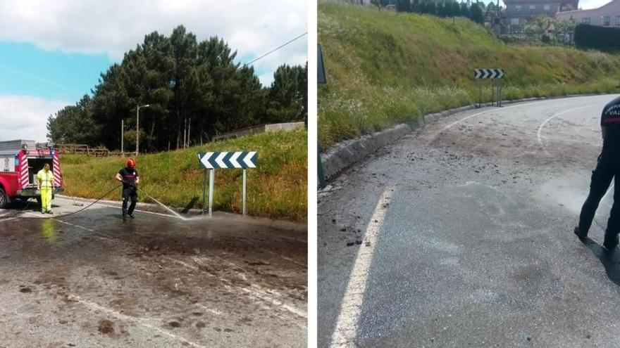 Las labores de limpieza del abono vertido en la calzada.