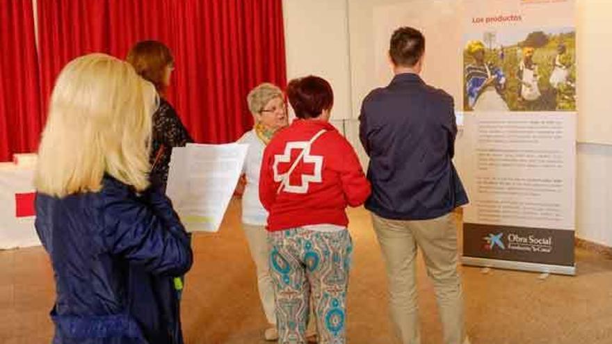 El alcalde observa uno de los carteles de la muestra acompañado de voluntarios de Cruz Roja.