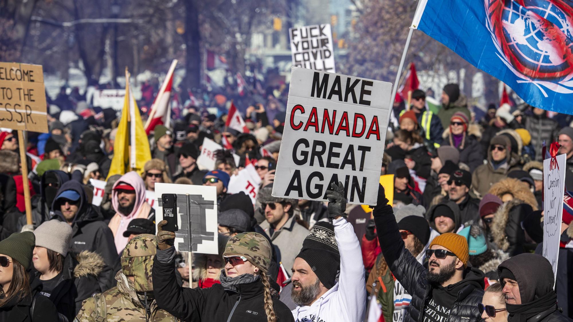Manifestación de antivacunas contra las restricciones por covid en Toronto (Canadá).