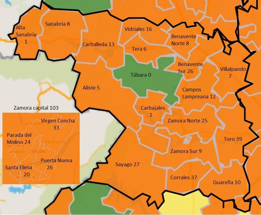Contagios confirmados con prueba PCR en las zonas básicas de salud de Zamora en la última semana