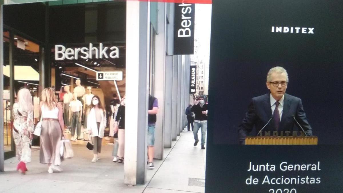 El presidente de Inditex, Pablo Isla, durante la junta telemática de este martes. // FdV