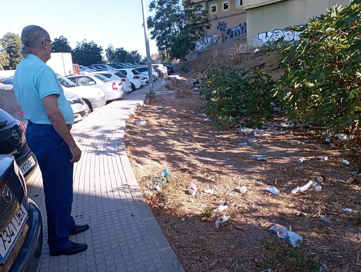 Arbustos, cañas y basura al comienzo de la parcela, ayer.