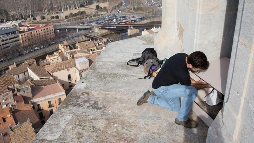 l´estudiant Lucas Barrero instal·lant avui al matí la caixa niu al campanar de la Catedral.