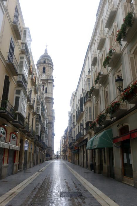 Más de un mes de confinamiento domiciliario y Málaga sigue repitiendo la estampa de las últimas semanas. Calles vacías, comercios cerrados, apenas personas por la calle, siempre con mascarilla, y la poca actividad que se aprecia en un control policial en pleno Paseo de los Curas...