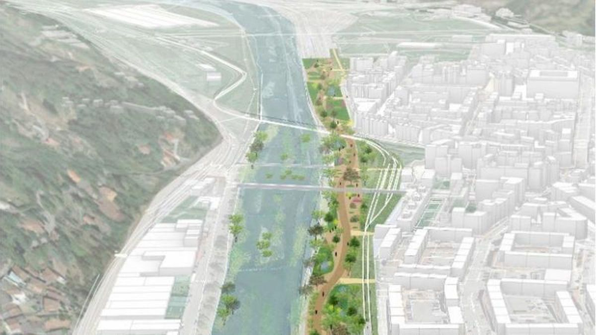 Recreación virtual del soterramiento de la autovía a su paso por el casco  urbano de Mieres.