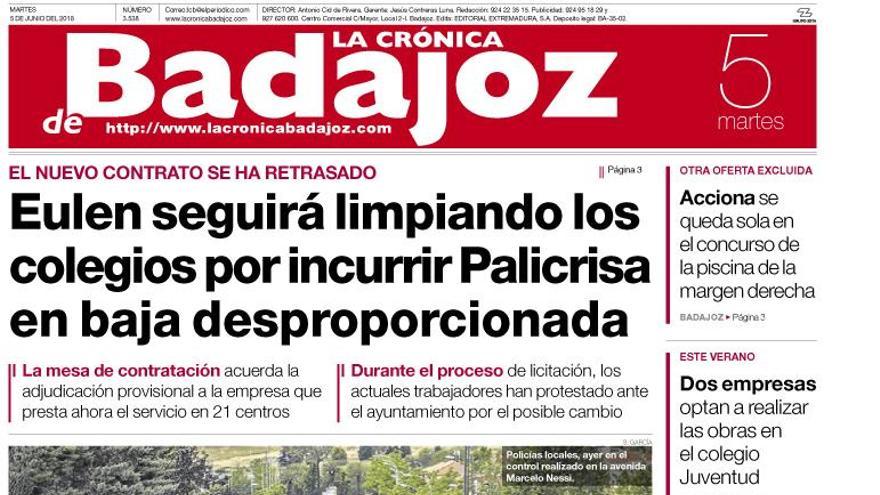 Esta es la portada de LA CRÓNICA DE BADAJOZ correspondiente al día 5 de junio del 2018