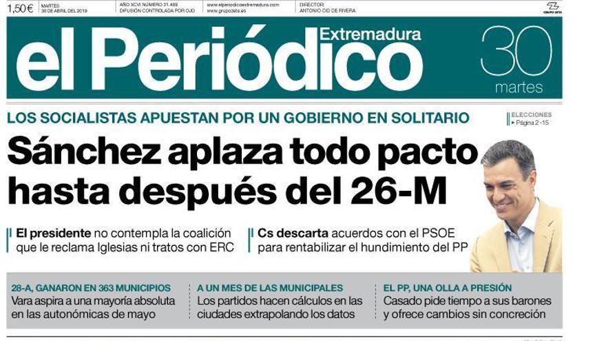 Esta es la portada de EL PERIÓDICO EXTREMADURA correspondiente al día 30 de abril del 2019