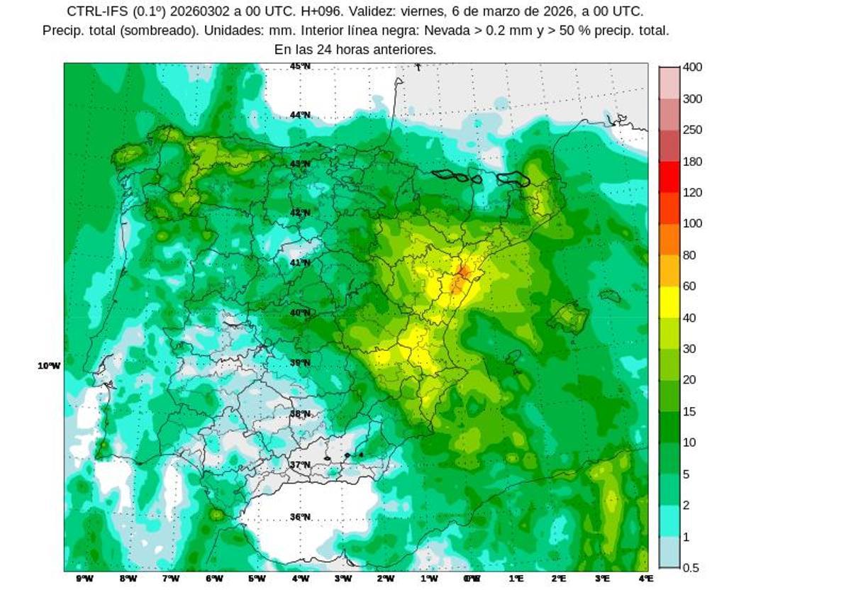 Previsión de lluvia para el jueves según el modelo Harome de la Aemet.