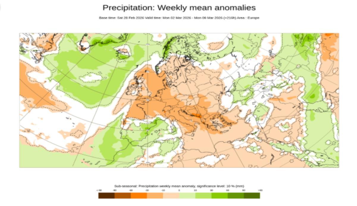 Anomalías semanales de la precipitación para la misma semana: verdes para anomalías positivas y naranjas para anomalías negativas.