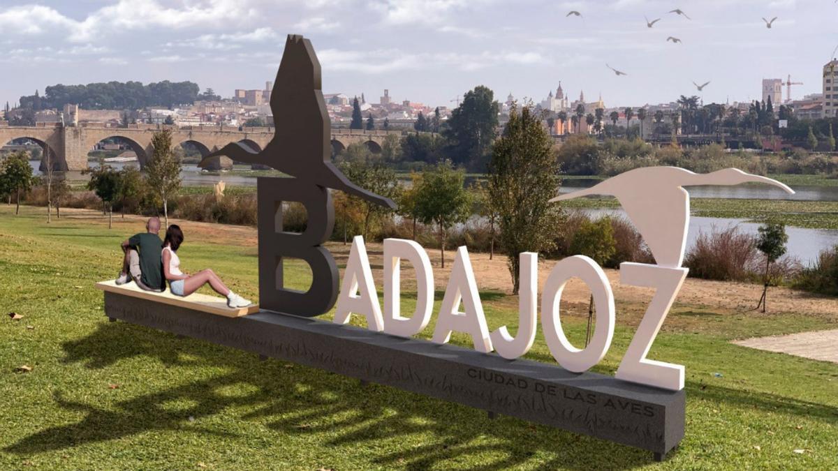 Recreación del letrero con el nombre de Badajoz que lucirá en el paseo de la margen derecha del río.