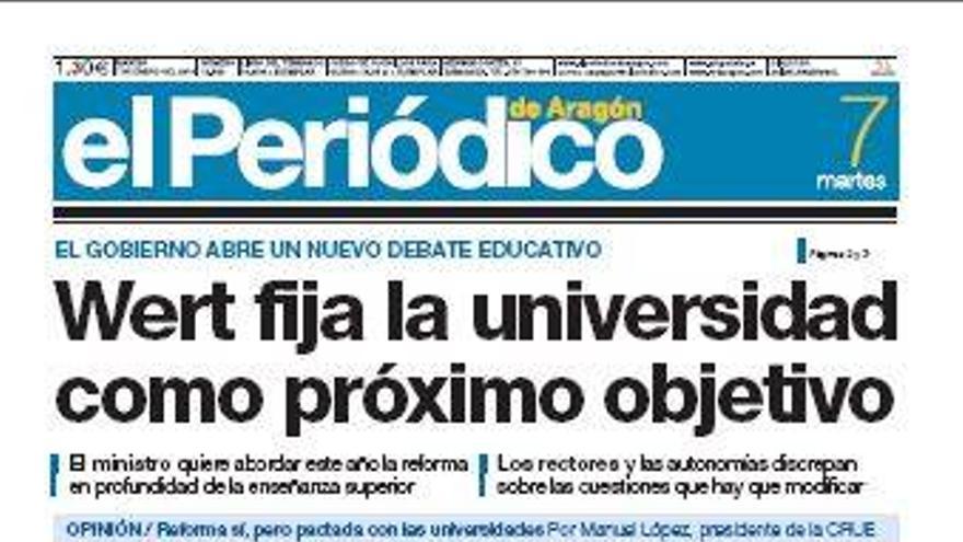 “Wert fija la universidad como próximo objetivo”, en la portada de EL PERIÓDICO DE ARAGÓN