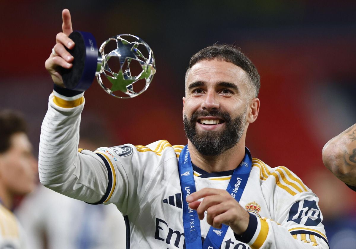 London (United Kingdom), 01/06/2024.- Dani Carvajal of Madrid celebrates winning the UEFA Champions League final match of Borussia Dortmund against Real Madrid, in London, Britain, 01 June 2024. (Liga de Campeones, Rusia, Reino Unido, Londres) EFE/EPA/TOLGA AKMEN