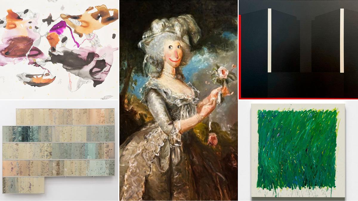 Arriba, a la izquierda: "Y de pronto llegó mi despierto al tuyo", de Nuria Formenti. Debajo, una obra de Adolfo Bimer. En el centro: "Retrato de María Antonieta con una rosa (Elisabeth Louise Vigee-Lebrun)", de Iván Quesada. A la derecha, arriba: "ST-2010" de Lisardo Menéndez. Debajo, un cuadro de la serie "El lirio y la siega" de Hugo Fontela.