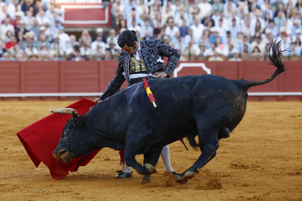 SEVILLA, 05/04/2026.- El diestro Morante de la Puebla durante la corrida de este domingo en la plaza de toros de La Maestranza de Sevilla, en la que completan cartel el peruano Roca Rey y David de Miranda. EFE/ Julio Muñoz