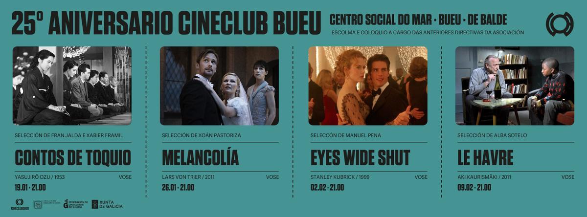 El cartel promocional del 25 aniversario del Cine Club Bueu con las películas que se proyectarán.