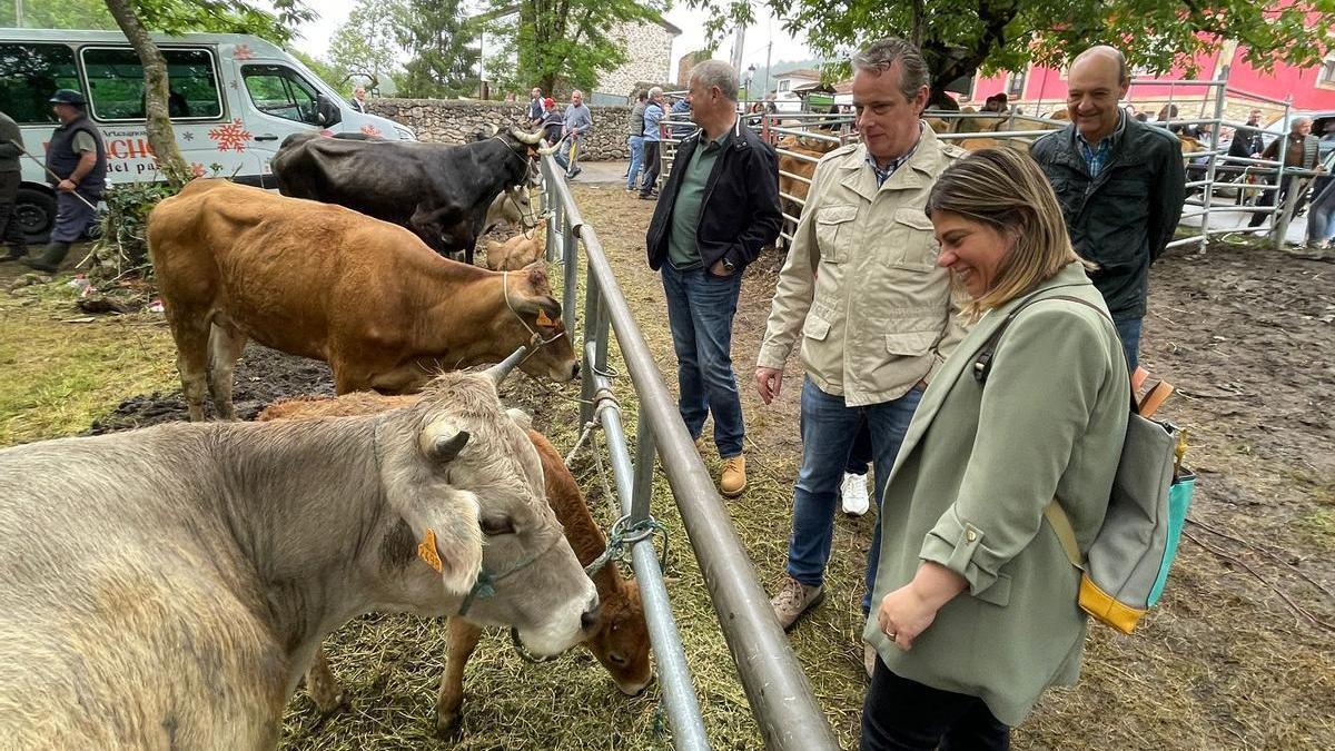 Gimena Llamedo, Marcelino Marcos, Ángel Morales y Severino Asprón, este domingo, en la Feriona de Corao.