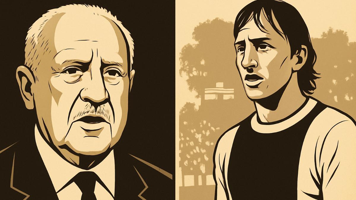 S. Bernabéu y J. Cruyff, en sendas imágenes a partir de fotografías tratadas con IA