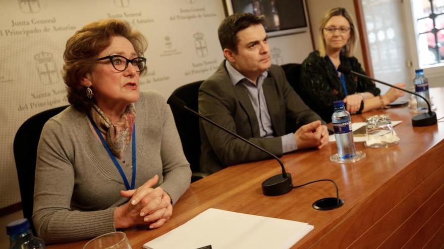 Trinidad Rodríguez, Pedro de Rueda y Elisa Collado, en la Junta General del Principado.