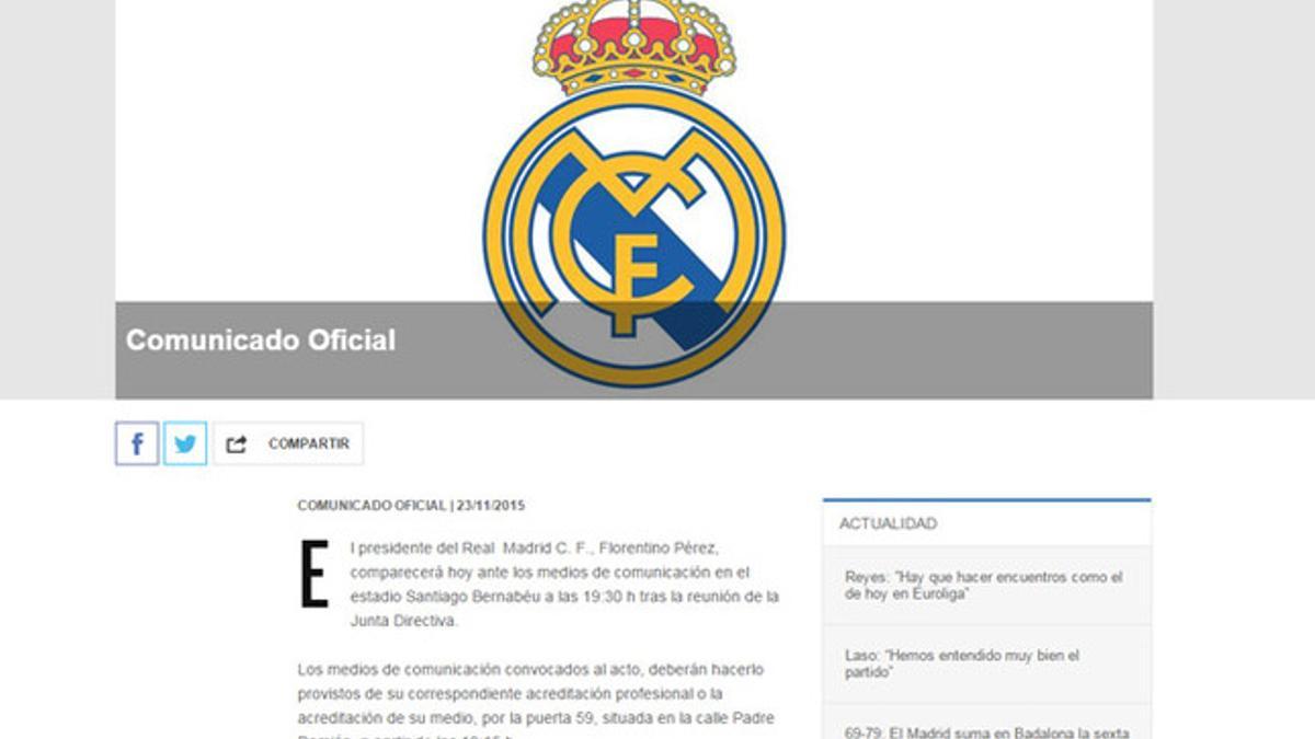 El Real Madrid anuncia una rueda de prensa de su presidente, Florentino Pérez, para este lunes a las 19:30 horas