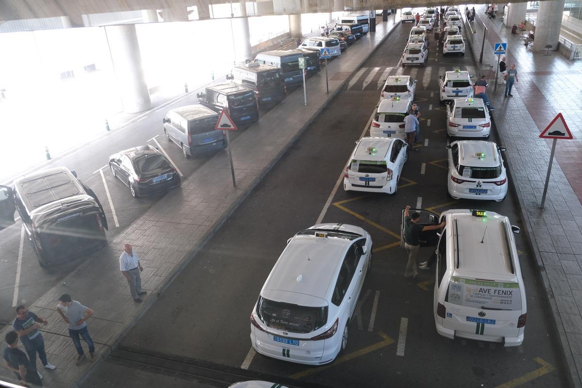 Taxis en el aeropuerto junto a vehículos VTC.