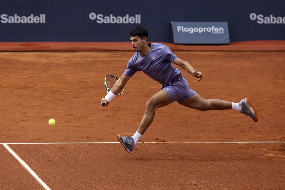 Carlos Alcaraz of Spain in actions against Ethan Quinn of United Stated during the first round tennis match of the Barcelona Open Banc Sabadell - Conde Godo 2025 Day 2 at Real Club De Tenis Barcelona on April 15, 2025 in Barcelona, Spain. AFP7 15/04/2025 ONLY FOR USE IN SPAIN. Javier Borrego / AFP7 / Europa Press;2025;Sport;TENIS;ZSPORT;ZTENNIS;Barcelona Open Banc Sabadell - Conde Godo 2025 Day 2;
