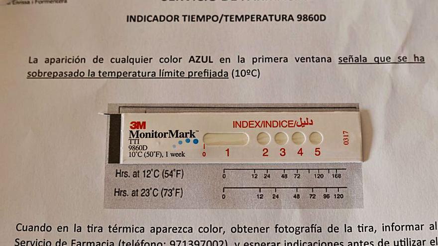 Tira de control con la que se comprueba que no se ha roto la cadena de frío durante el traslado de las vacunas. 