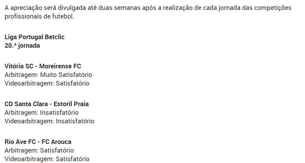 Muestra de los informes públicos que se divulgan de los árbitros portugueses.