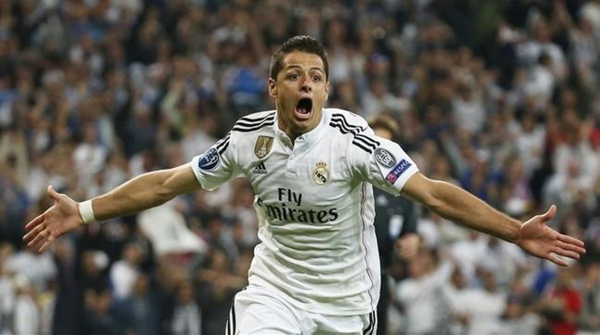 Chicharito festeja el gol que lleva al Madrid a las semifinales en la Liga de Campeones.